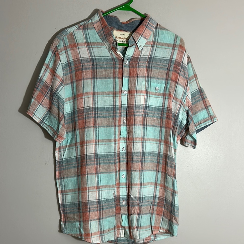 Weatherproof Vintage Men's Plaid Linen Blend Short Sleeve Shirt size L